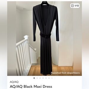 AQ/AQ Black Long-Sleeve Pleated Maxi Dress with Buckle Belt